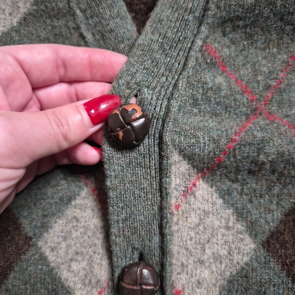J. Crew Cardigan Sweater Lambs Wool Size Medium M Argyle Green Brown Gray Preppy - Picture 5 of 13